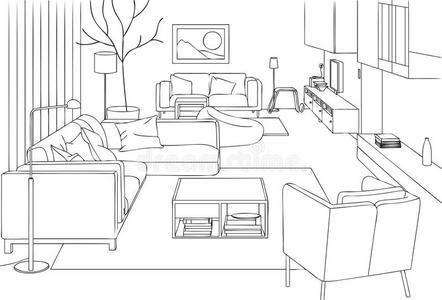 现代的活的房间矢量线条艺术说明婴儿玩具粉笔绘画线条偶像矢量放置