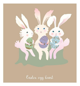 有趣的兔子和复活节卵.矢量说明.平的方式.