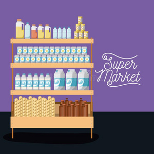 超级市场架子富有色彩的海报设计和foodstuff粮食和饮料