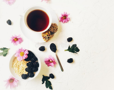 燕麦片为早餐和黑莓和花向白色的后面