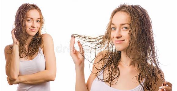 美丽的年幼的女人湿的头发美好放置模式