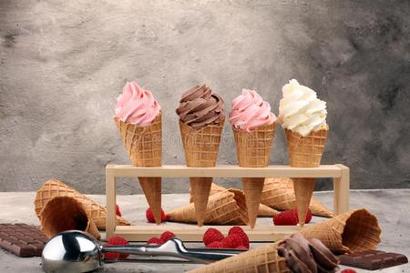香子兰冷冻的酸奶或软的冰乳霜采用华夫饼圆锥体.