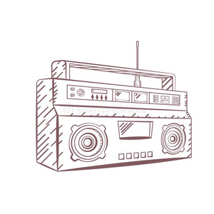 手绘画听觉的盒式录音带录音机.内置扬声器演员.线条艺术vect照片