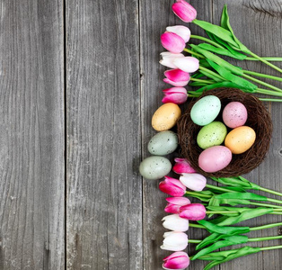 郁金香和卵向酿酒的木制的木板为复活节背景