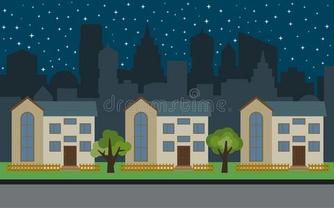 矢量城市和num.三两个-故事漫画住宅和绿色的树