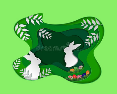 复活节一天和兔子和富有色彩的鸡蛋采用绿色的纸艺术地点