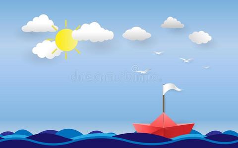 红色的小船和白色的旗向洋和海向日光