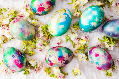 复活节卵和春季花背景