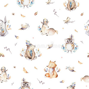 漂亮的婴儿狐,鹿动物婴儿室兔子和熊隔离的illustrate举例说明