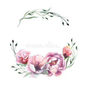 水彩浪漫的花环关于玫瑰牡丹花和绿色的树叶
