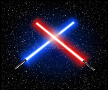 道光铜钱两个十字的光剑-蓝色和红色的人行横道激光光sabe照片
