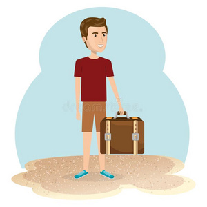 年幼的男人采用指已提到的人海滩和手提箱
