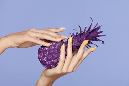 钉子修指甲.手和时髦的钉子佃户租种的土地紫色的菠萝