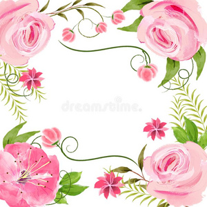 矢量水彩框架和粉红色的花