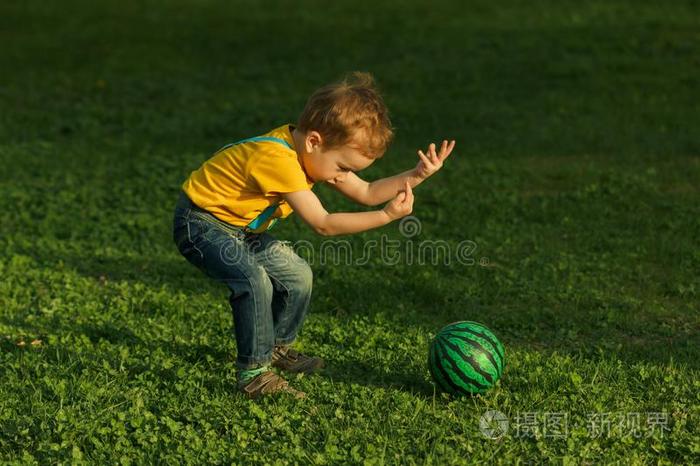 漂亮的积极的小孩,演奏快乐地和球向绿色的草地