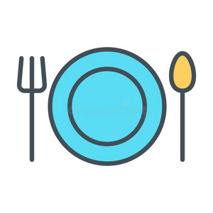 盘子,餐叉和勺线条偶像.饭店矢量简单的最小值