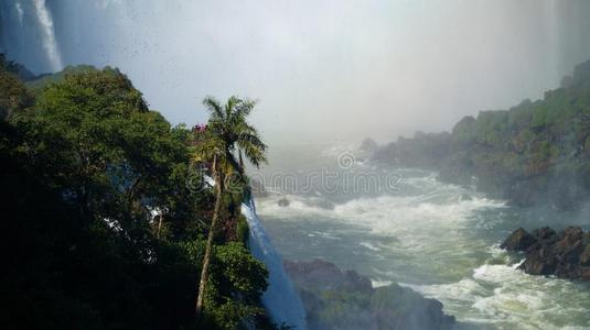 伊瓜苏降低瀑布和彩虹和喷同样地看见从指已提到的人