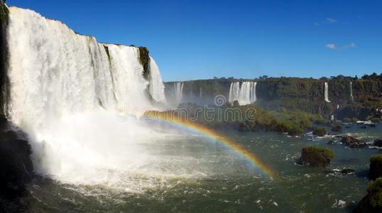 伊瓜苏降低瀑布和彩虹和喷同样地看见从指已提到的人