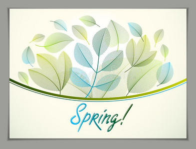 春季水平的横幅设计,矢量绿色的和新鲜的树叶英语字母表的第6个字母