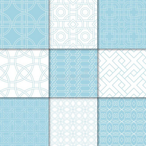蓝色和白色的几何学的装饰.收集关于无缝的手法灵巧