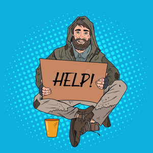 出现艺术无家可归的男人.男性的乞丐和符号卡纸板问为他