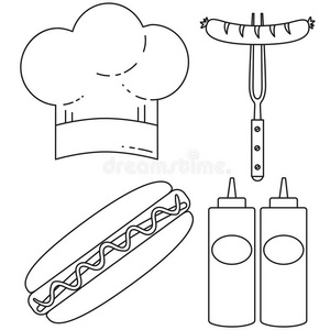 线条艺术黑的和白色的热的狗烹饪术放置