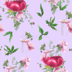 无缝的花的模式和牡丹 银莲花 桉树和英语字母表的第12个字母插画 正版商用图片2ufc17 摄图新视界