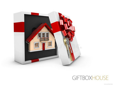 模型关于一房屋采用赠品盒和红色的带,3英语字母表中的第四个字母illustr一tion