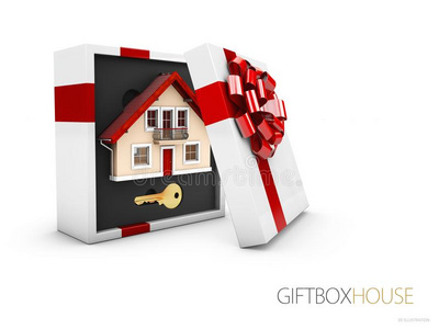 模型关于一房屋采用赠品盒和红色的带,3英语字母表中的第四个字母illustr一tion