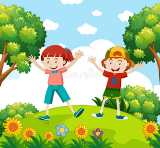 幸福的小孩采用指已提到的人花园