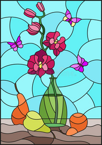 马兰花叶子玷污的玻璃说明和花束关于粉红色的兰花采用一ground