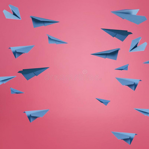 签关于蓝色纸飞机向粉红色的背景.