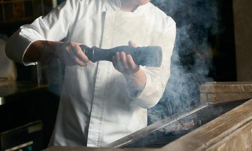 厨师烹饪术牛肉牛排向barbecue吃烤烧肉的野餐采用饭店厨房