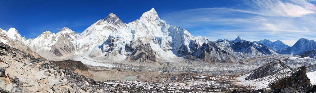 登上珠穆朗玛峰和昆布冰河全景画