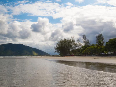 和煦的：照到阳光的海滩和绿色的小山采用指已提到的人背景.