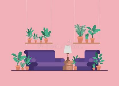 活的房间和室内植物和灯