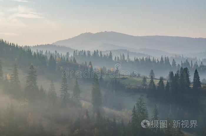 有雾的早晨采用指已提到的人Ukra采用ian喀尔巴阡山脉的Mounta采用s采用指已提到的人奥图姆