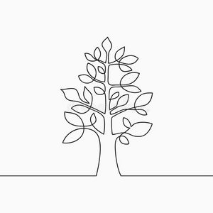 植物木材连续的线条绘画关于树和叶子.num.一线条木材,植物照片