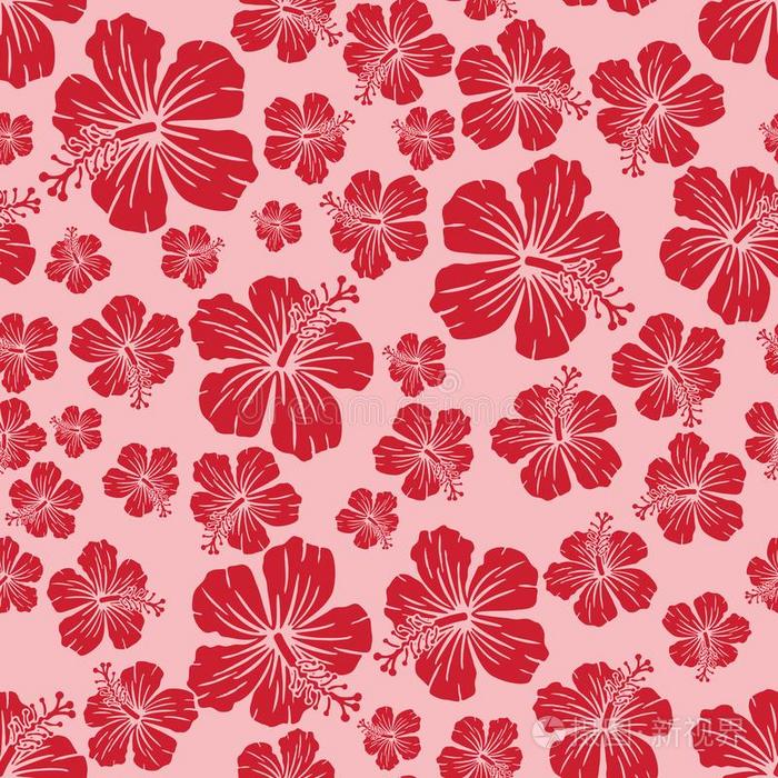 红色的向粉红色的任意的木槿花无缝的复述模式后面