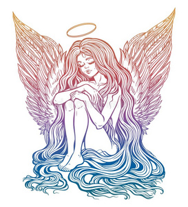 女孩天使和长的波状的头发落下下.照片