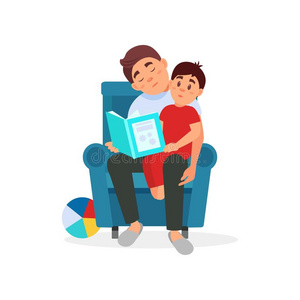疲倦的父亲阅读一书向他的儿子,p一renting强调vec向r