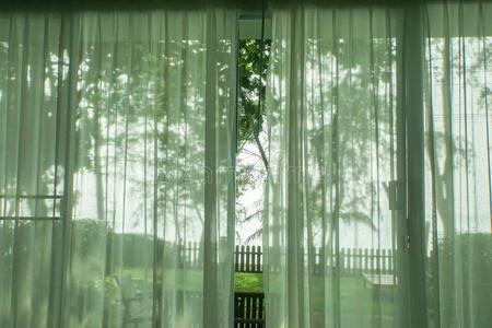 透明的窗帘在指已提到的人房屋门和海看法和绿色的yarn线