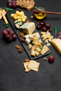 各种各样的类型关于奶酪-法国布里白乳酪,法国Camembert村所产的软质乳酪,羊乳干酪和切德干酪