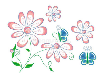 质地和程式化的春季花和蝴蝶向一白色的