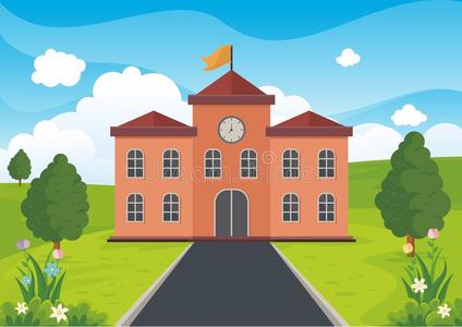 学校风景学校建筑物和自然可爱的风景漫画照片