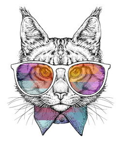 手疲惫的肖像关于猫采用眼镜和弓关系.矢量图解