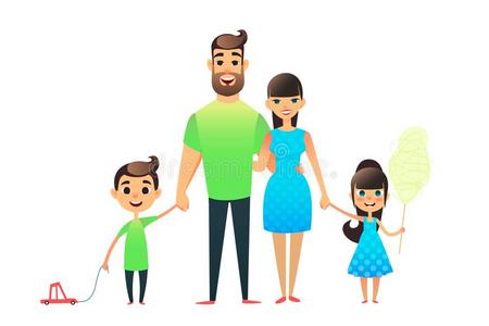 幸福的漫画平的家庭肖像.母亲,父亲,儿子,达特