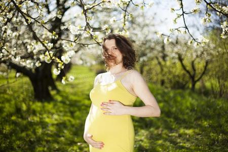 年幼的美丽的怀孕的女人,盛开的花园