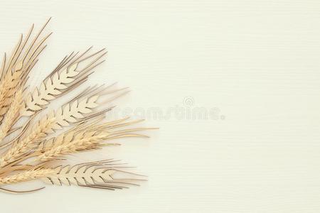 顶看法关于木制的小麦农作物装饰越过白色的背景.