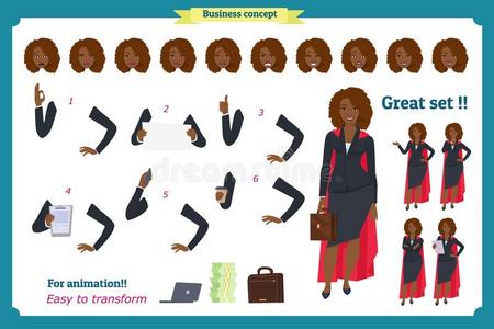 放置关于黑的女商人性格设计.前面,面,背intransitiveverb不及物动词
